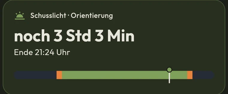 Ausschnitt: Schusslicht · Orientierung — noch 3 Std 3 Min, Ende 21:24 Uhr