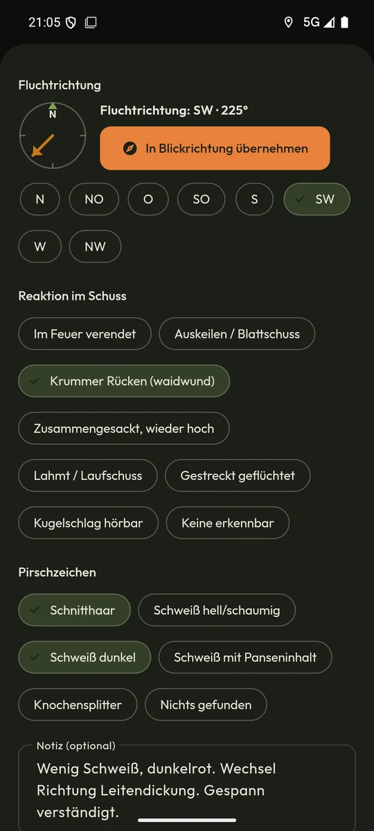 Anschuss beschreiben: Pirschzeichen, Fluchtrichtung und Fotos
