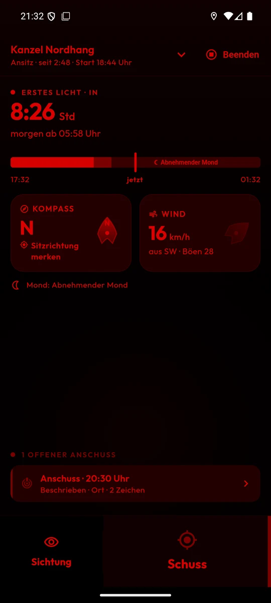 Nacht-Modus: die App vollständig in Rot