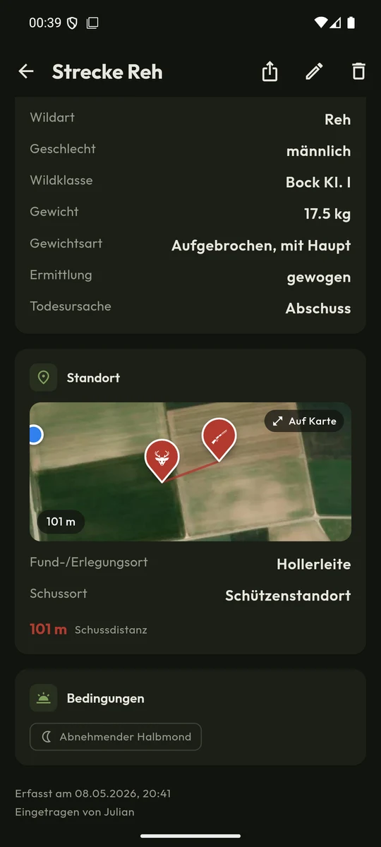 Eintrag: Rehbock Bock Kl. I mit Gewicht, Schussdistanz und Mondphase