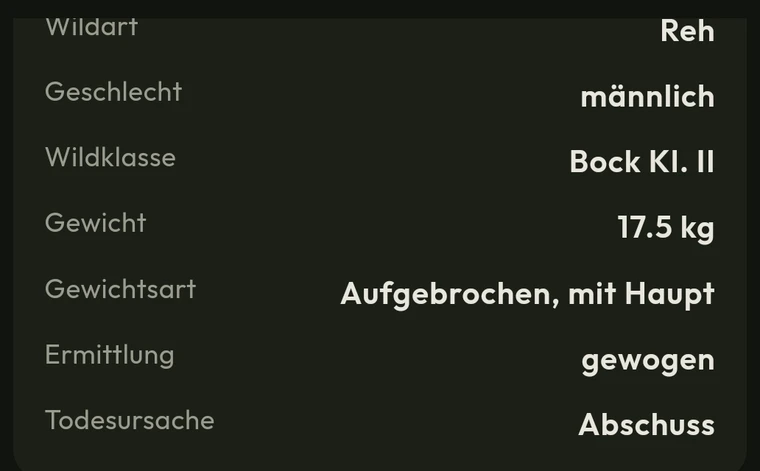 Ausschnitt: Wildart Reh, Wildklasse Bock Kl. II, Gewicht 17,5 kg