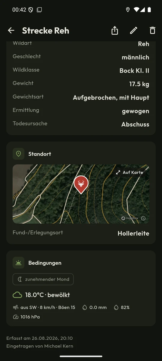 Eintrag: Reh, Bock Kl. II, 17,5 kg, mit Standortkarte, Mondphase und Wetter