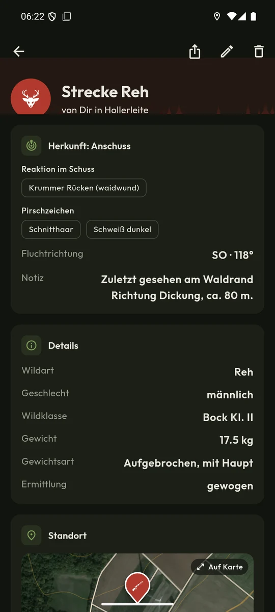 Aufgelöster Anschuss: die Strecke mit Wildklasse, Gewicht und den Zeichen vom Anschuss