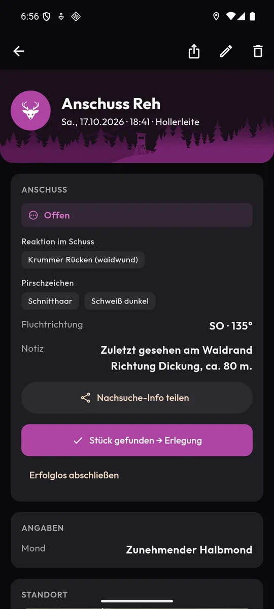 Anschuss mit Reaktion im Schuss, Pirschzeichen, Fluchtrichtung und Notiz
