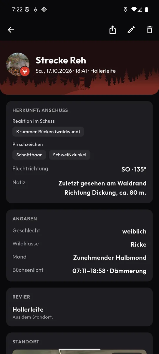 Die Strecke aus dem Anschuss: Ricke, mit Foto und den Zeichen vom Abend
